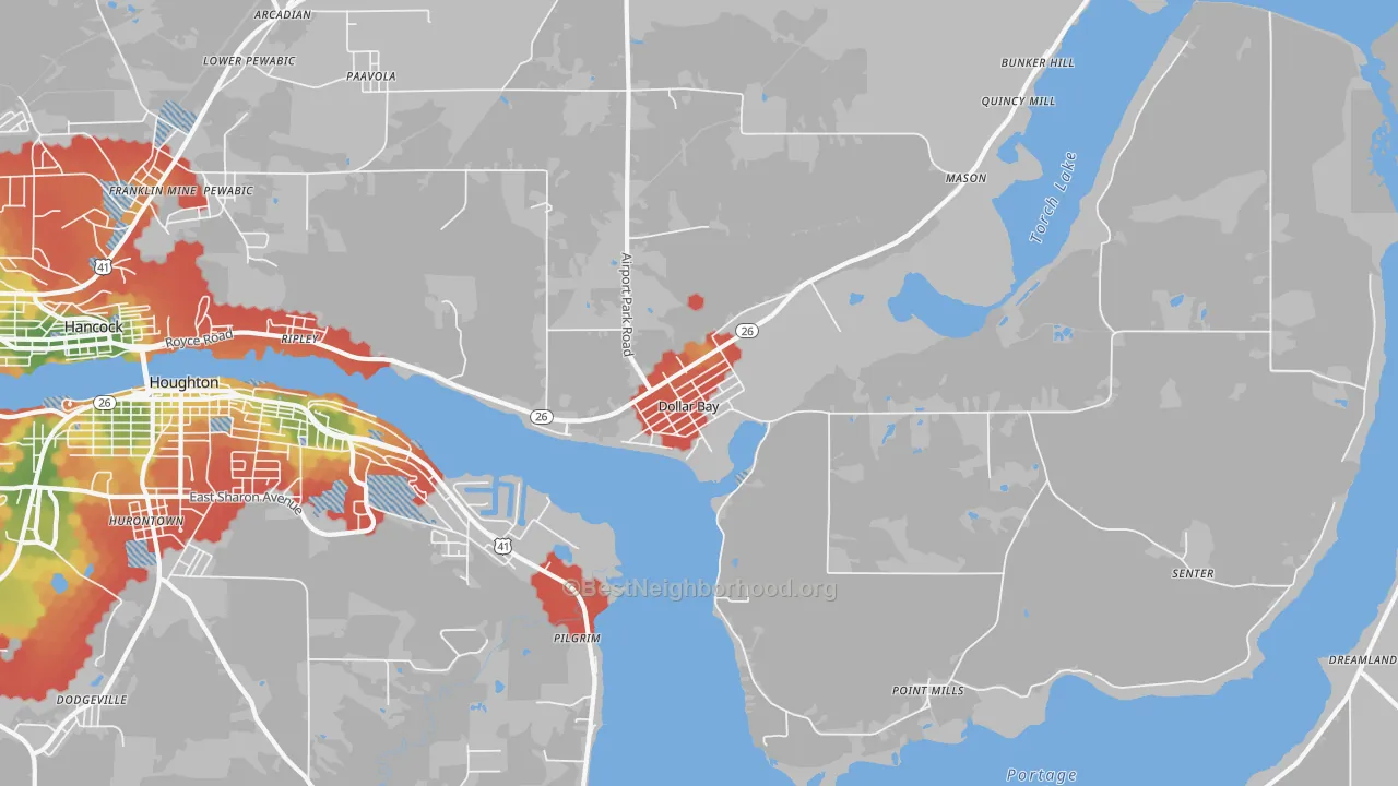 Walk Grade map of Dollar Bay, MI, walkable areas in green and car-dependent areas in red