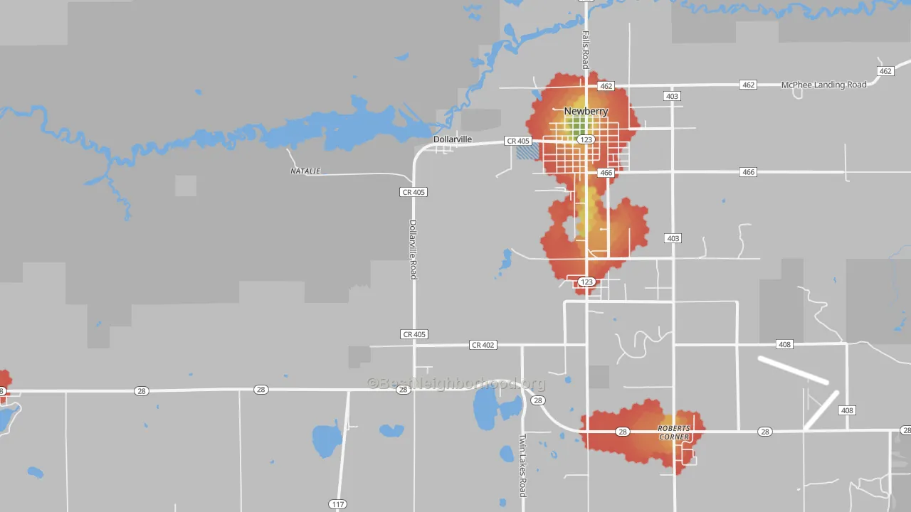 Walk Grade map of Dollarville, MI, walkable areas in green and car-dependent areas in red