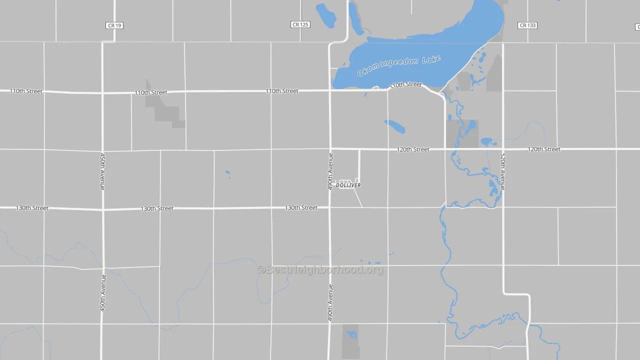 Walk Grade map of Dolliver, IA, walkable areas in green and car-dependent areas in red