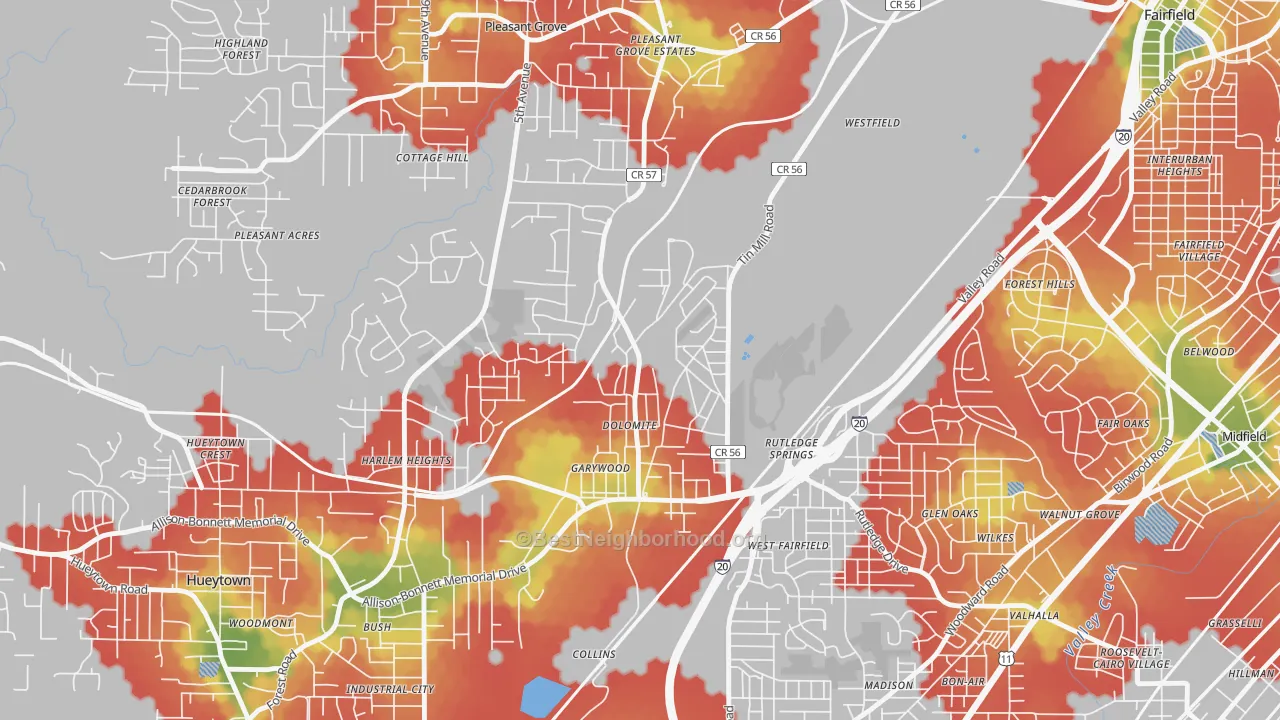 Walk Grade map of Dolomite, AL, walkable areas in green and car-dependent areas in red