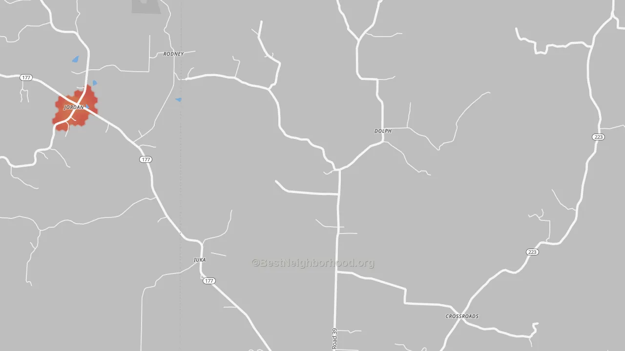 Walk Grade map of Dolph, AR, walkable areas in green and car-dependent areas in red