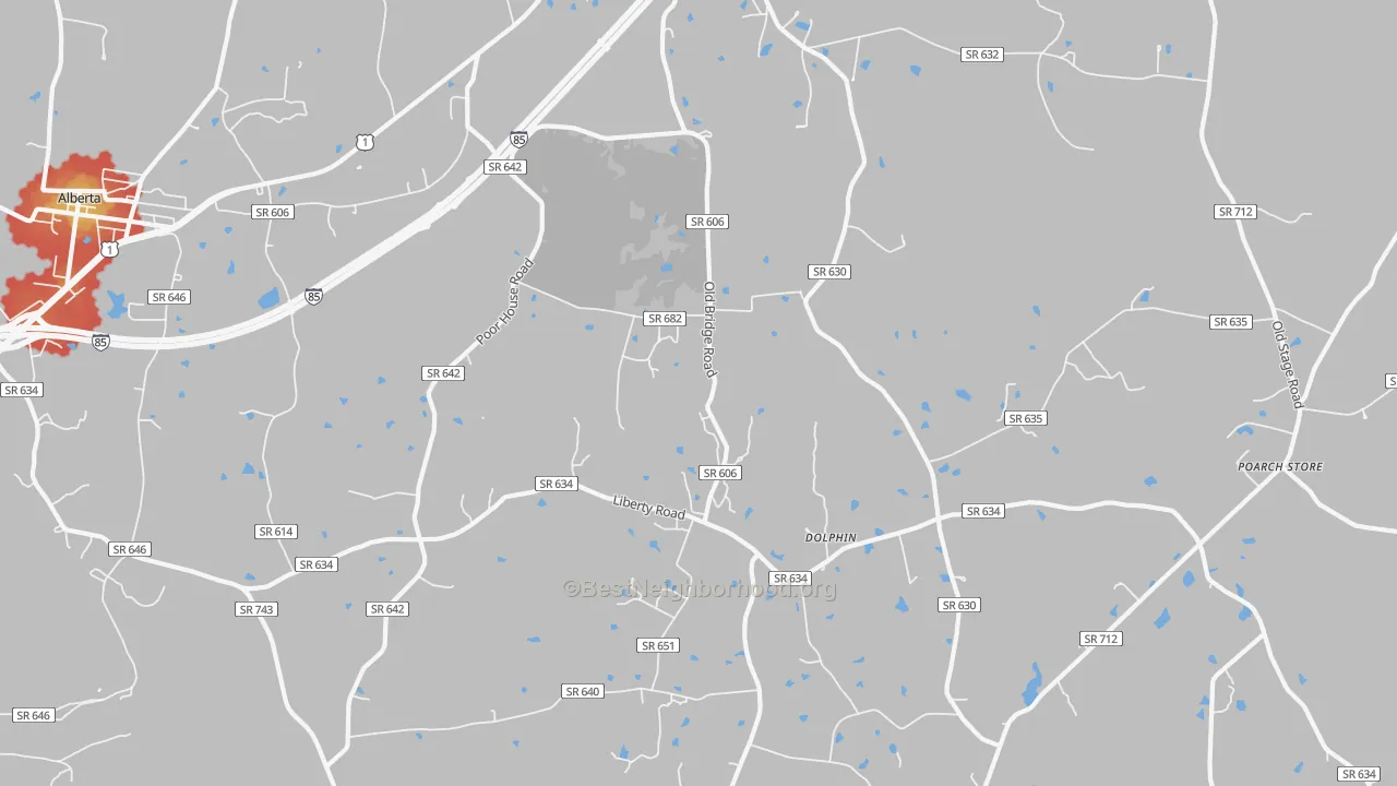 Walk Grade map of Dolphin, VA, walkable areas in green and car-dependent areas in red
