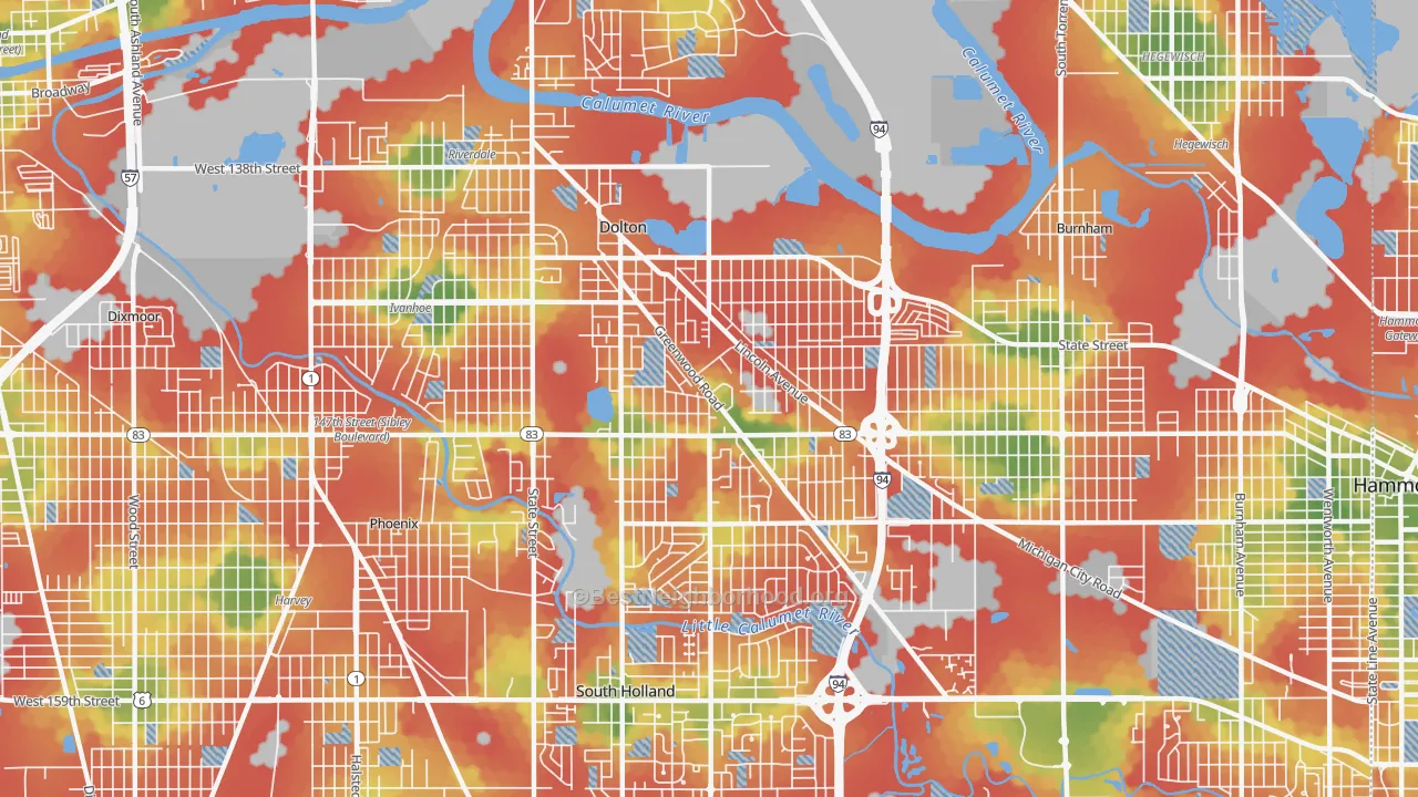 Walk Grade map of Dolton, IL, walkable areas in green and car-dependent areas in red