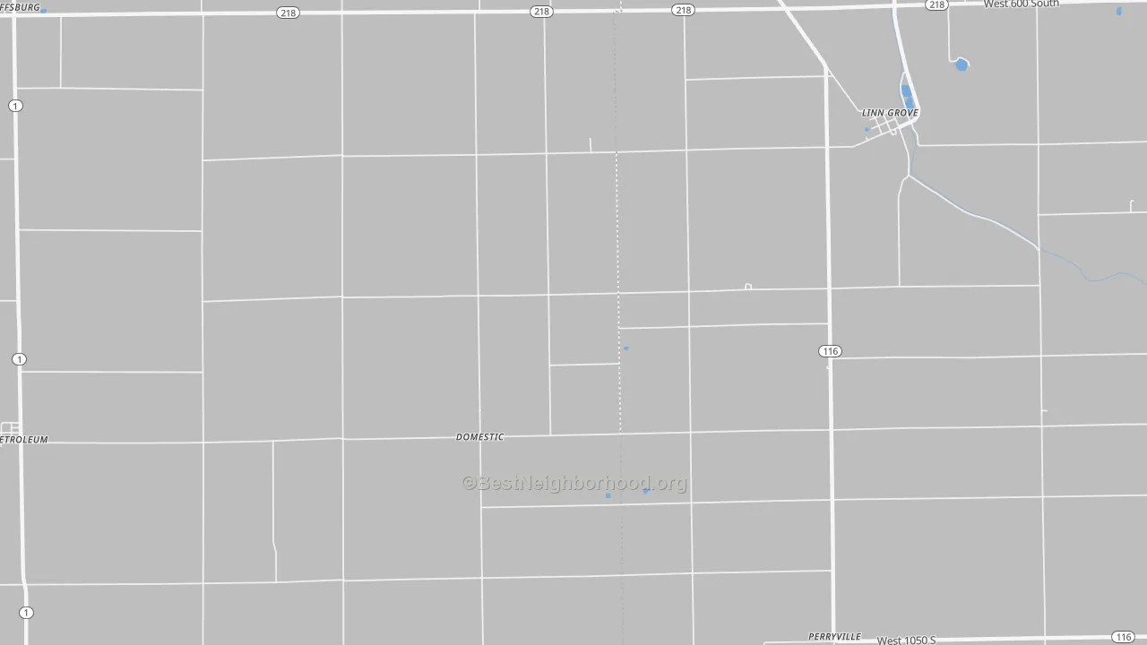 Walk Grade map of Domestic, IN, walkable areas in green and car-dependent areas in red