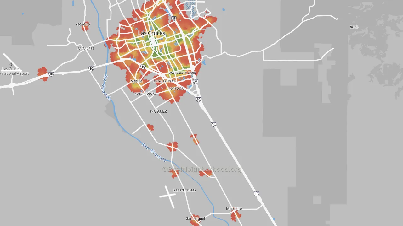 Walk Grade map of Dona Ana County, NM, walkable areas in green and car-dependent areas in red