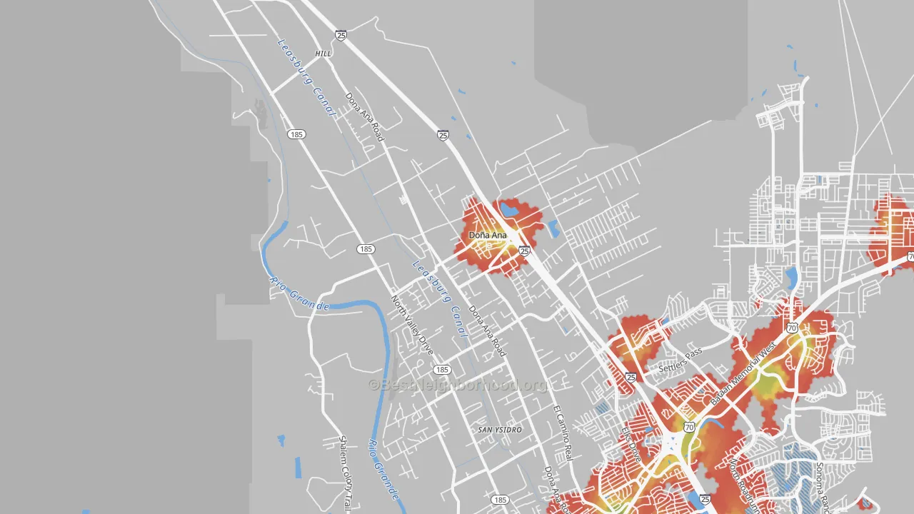 Walk Grade map of Dona Ana, NM, walkable areas in green and car-dependent areas in red