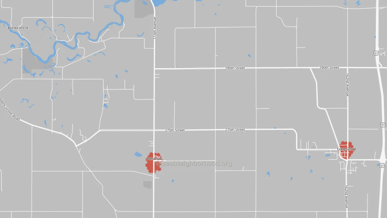 Walk Grade map of Donahue, IA, walkable areas in green and car-dependent areas in red