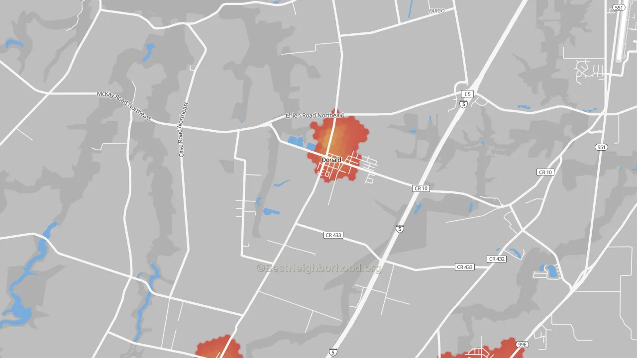 Walk Grade map of Donald, OR, walkable areas in green and car-dependent areas in red