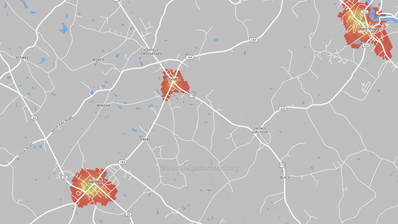 Walk Grade map of Donalds, SC, walkable areas in green and car-dependent areas in red
