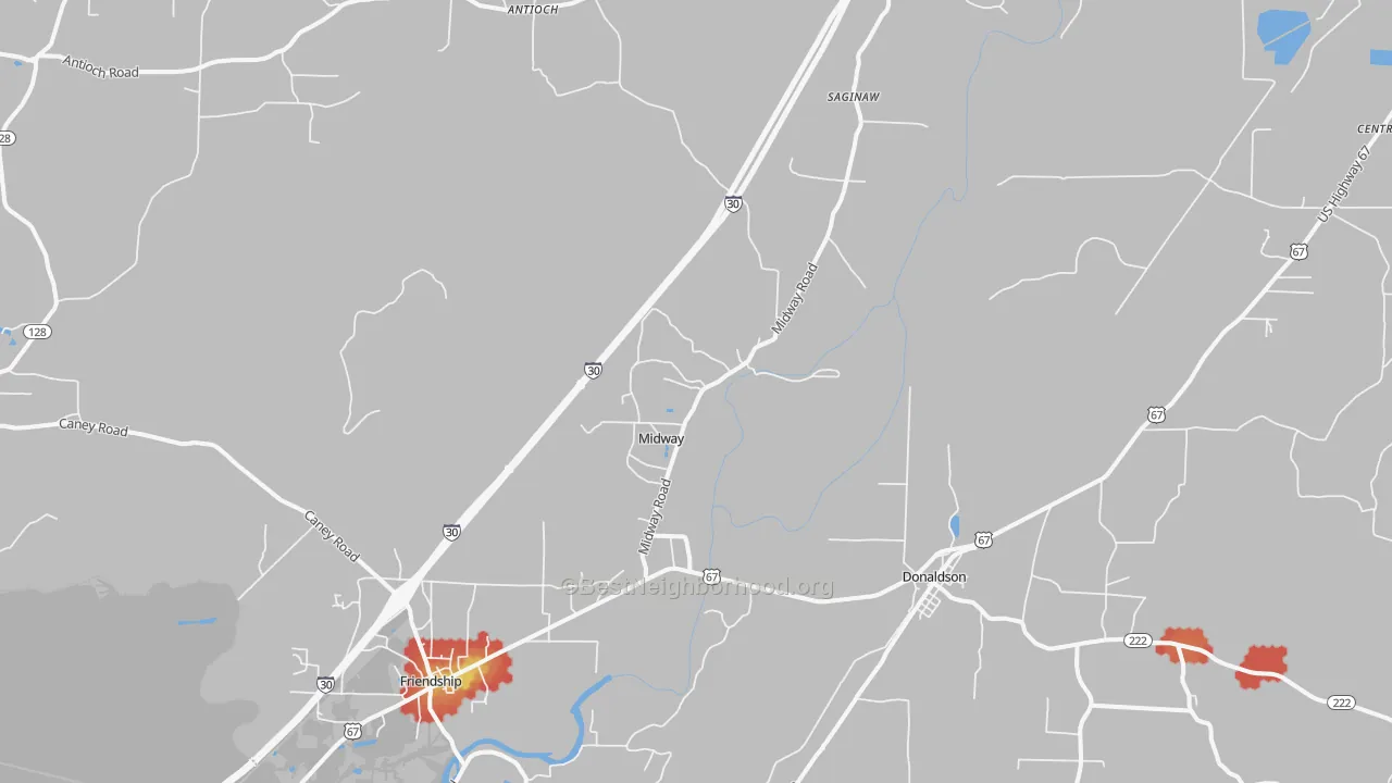 Walk Grade map of Donaldson, AR, walkable areas in green and car-dependent areas in red