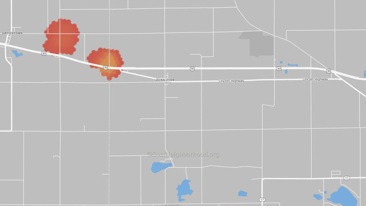 Walk Grade map of Donaldson, IN, walkable areas in green and car-dependent areas in red