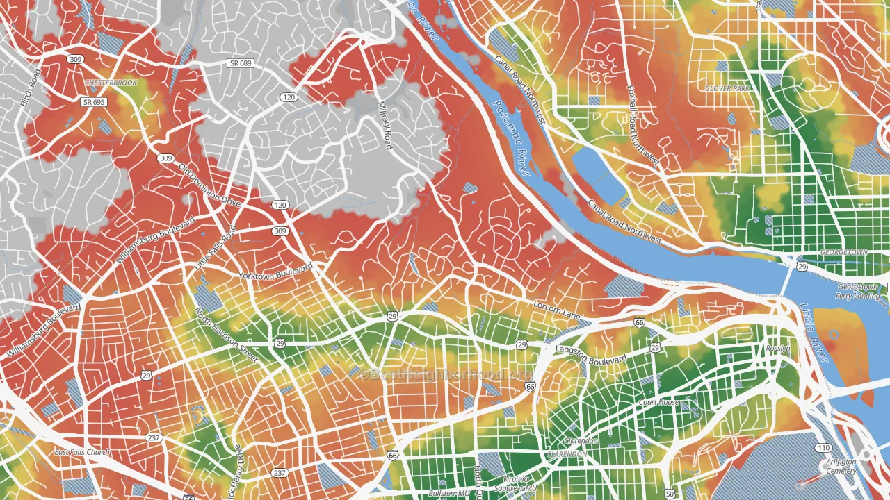Walk Grade map of Donaldson Run, Arlington, VA, walkable areas in green and car-dependent areas in red