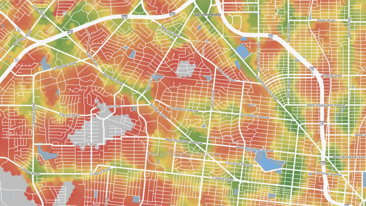 Walk Grade map of Donaldson Terrace, San Antonio, TX, walkable areas in green and car-dependent areas in red