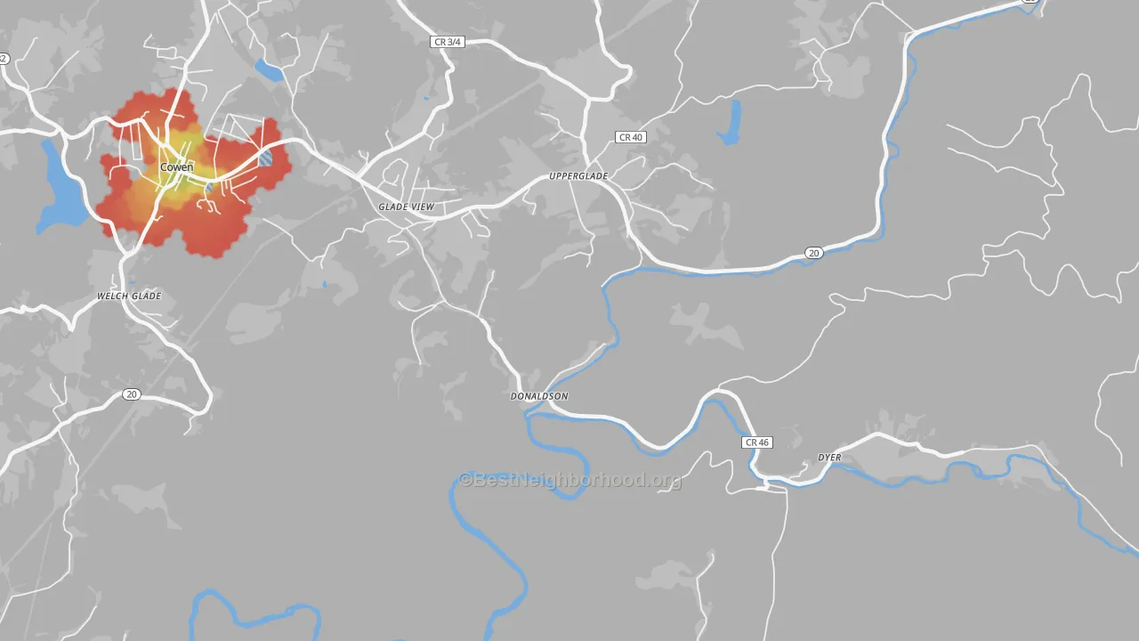 Walk Grade map of Donaldson, WV, walkable areas in green and car-dependent areas in red