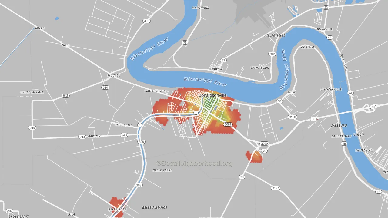 Walk Grade map of Donaldsonville, LA, walkable areas in green and car-dependent areas in red