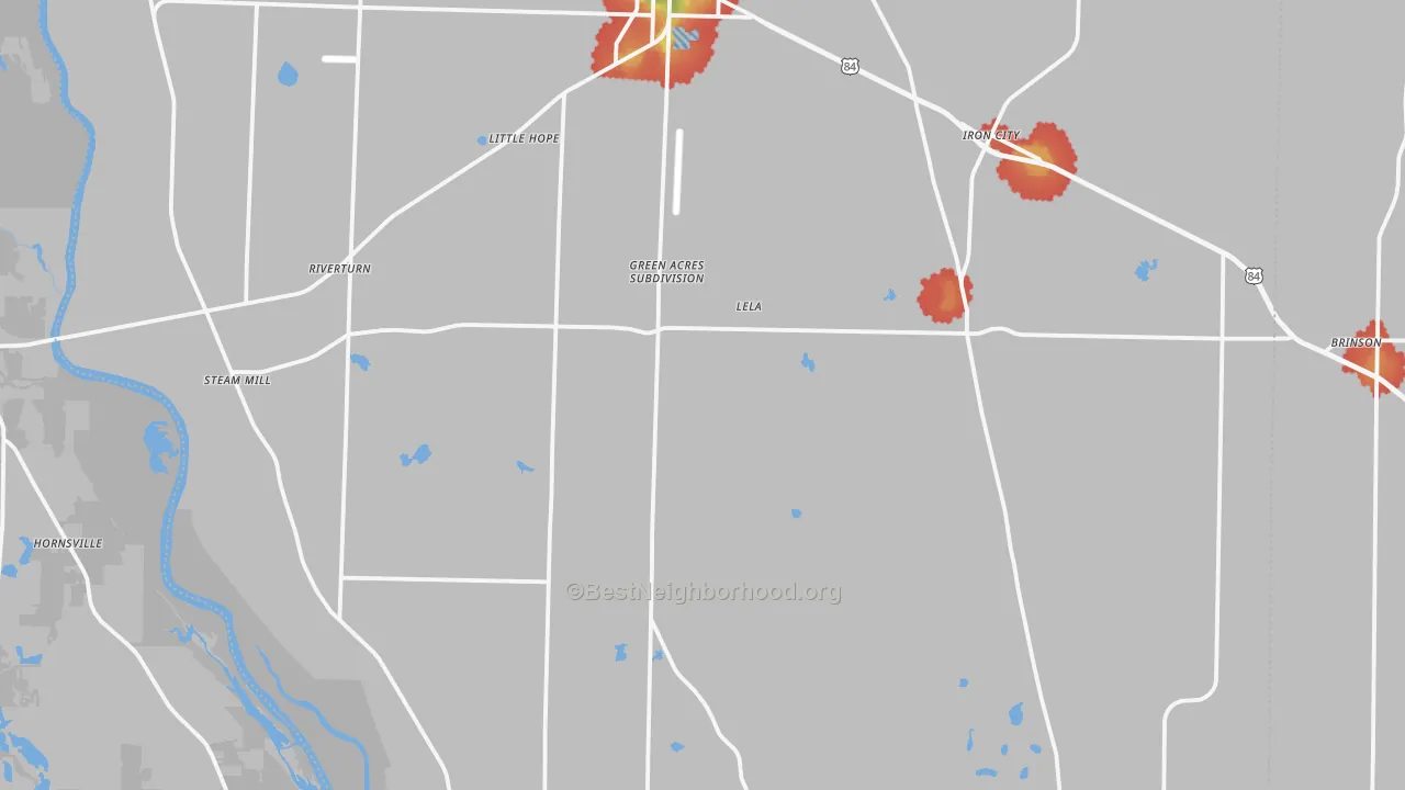 Walk Grade map of Donalsonville, GA, walkable areas in green and car-dependent areas in red