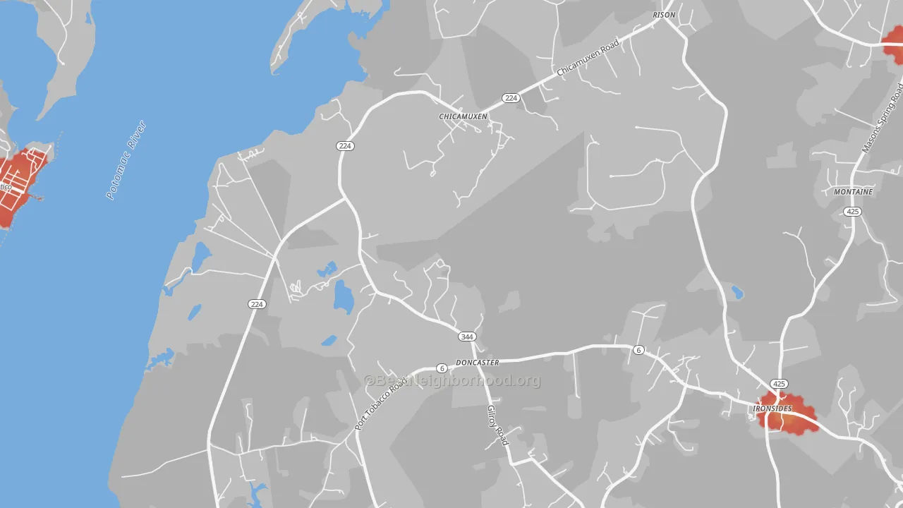 Walk Grade map of Doncaster, MD, walkable areas in green and car-dependent areas in red
