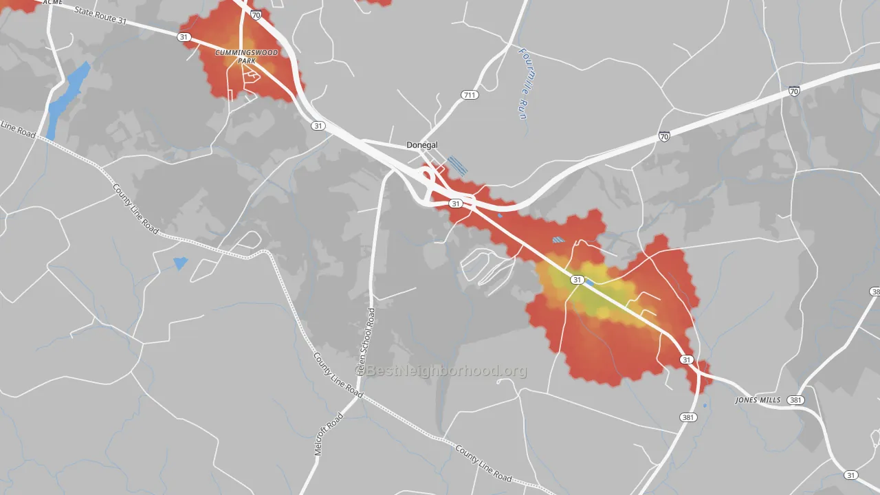 Walk Grade map of Donegal, PA, walkable areas in green and car-dependent areas in red