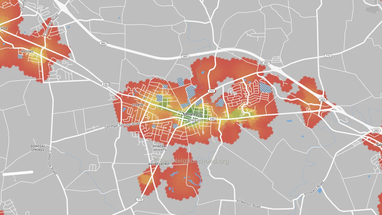 Walk Grade map of Donegal Springs, PA, walkable areas in green and car-dependent areas in red
