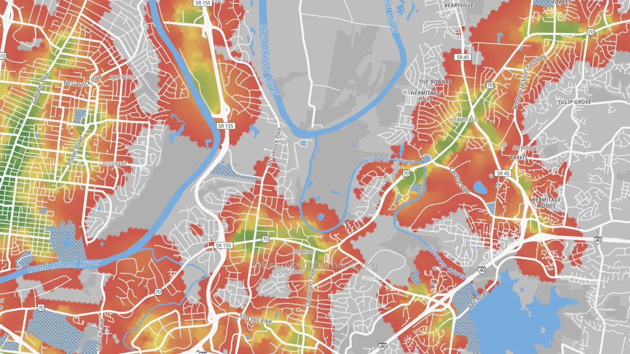 Walk Grade map of Donelson, Nashville, TN, walkable areas in green and car-dependent areas in red
