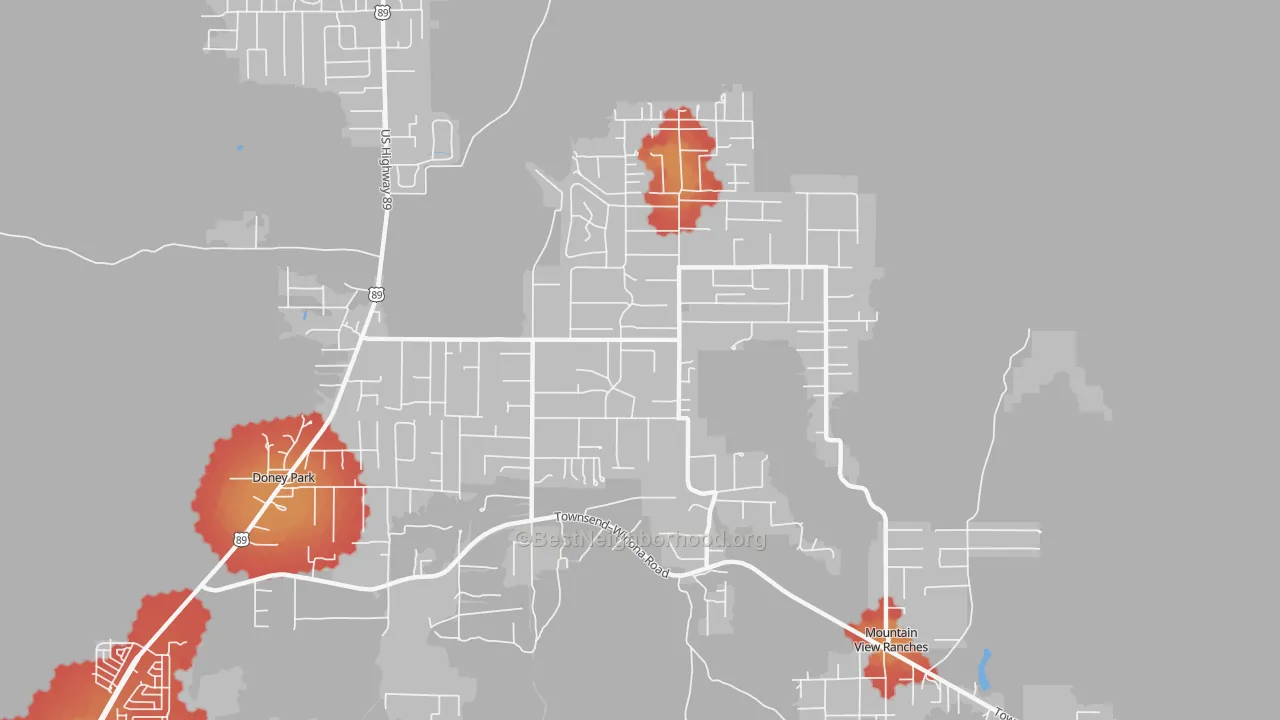Walk Grade map of Doney Park, AZ, walkable areas in green and car-dependent areas in red