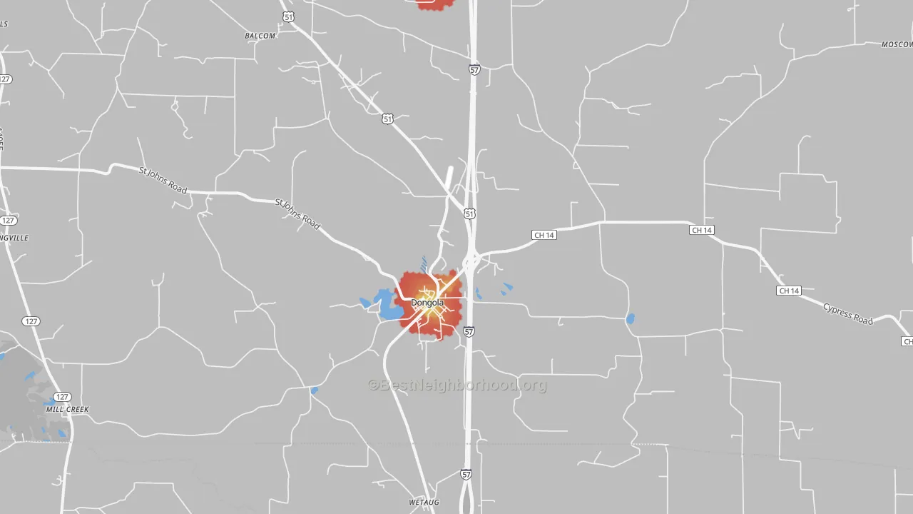 Walk Grade map of Dongola, IL, walkable areas in green and car-dependent areas in red