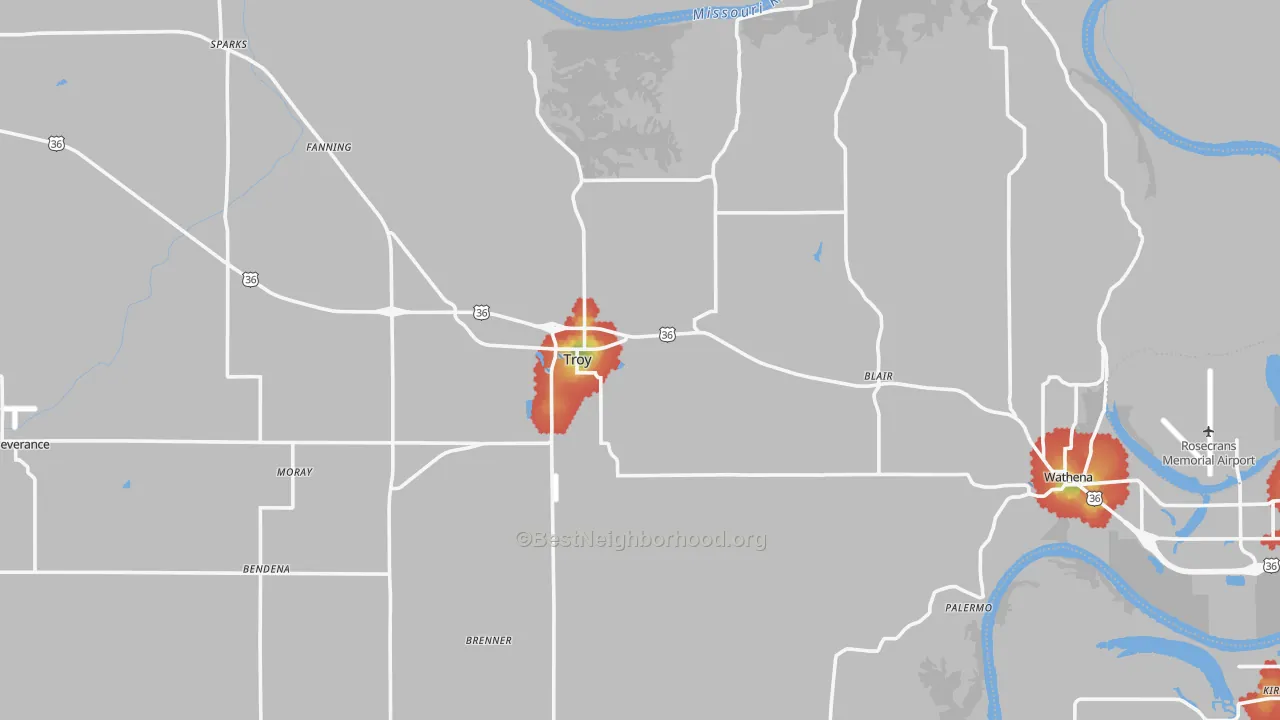 Walk Grade map of Doniphan County, KS, walkable areas in green and car-dependent areas in red