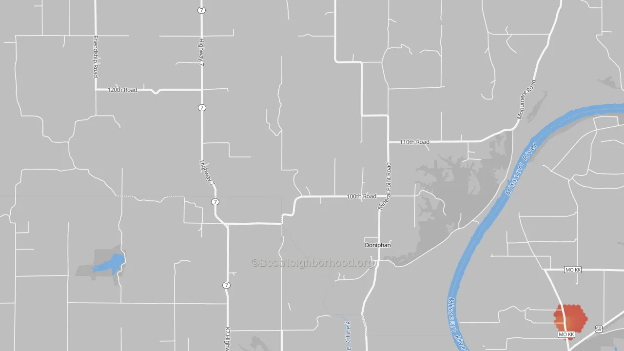 Walk Grade map of Doniphan, KS, walkable areas in green and car-dependent areas in red