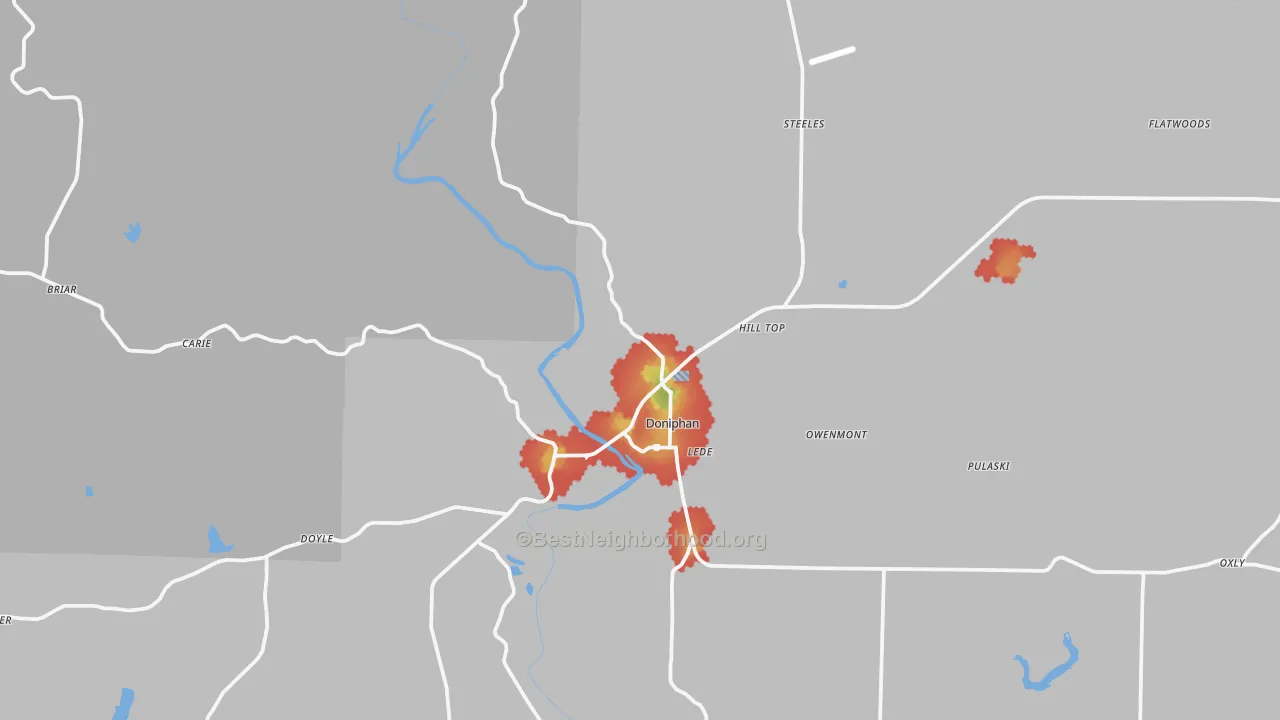 Walk Grade map of Doniphan, MO, walkable areas in green and car-dependent areas in red