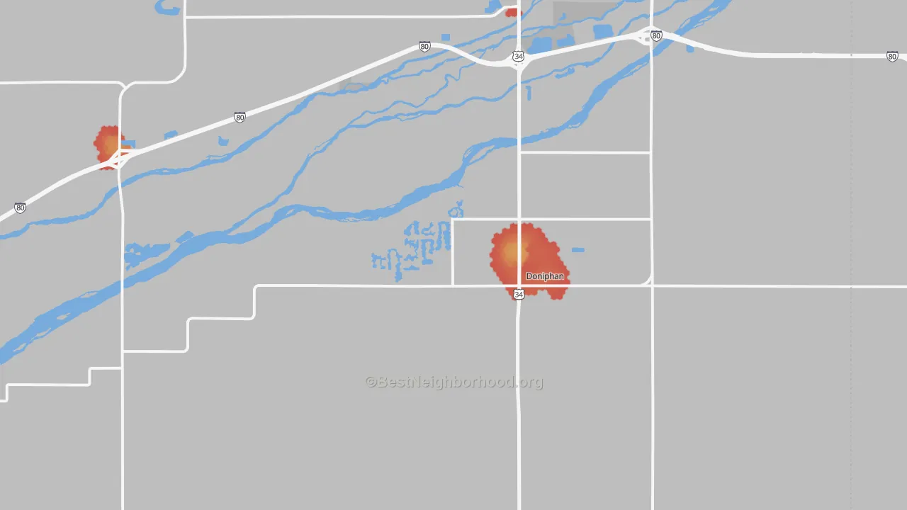 Walk Grade map of Doniphan, NE, walkable areas in green and car-dependent areas in red