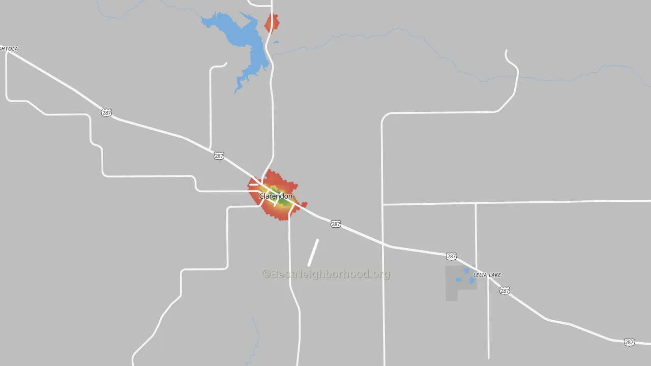 Walk Grade map of Donley County, TX, walkable areas in green and car-dependent areas in red