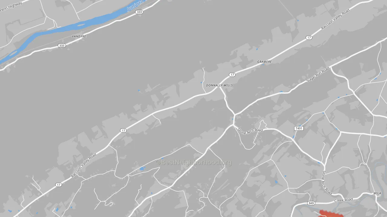 Walk Grade map of Donnally Mills, PA, walkable areas in green and car-dependent areas in red