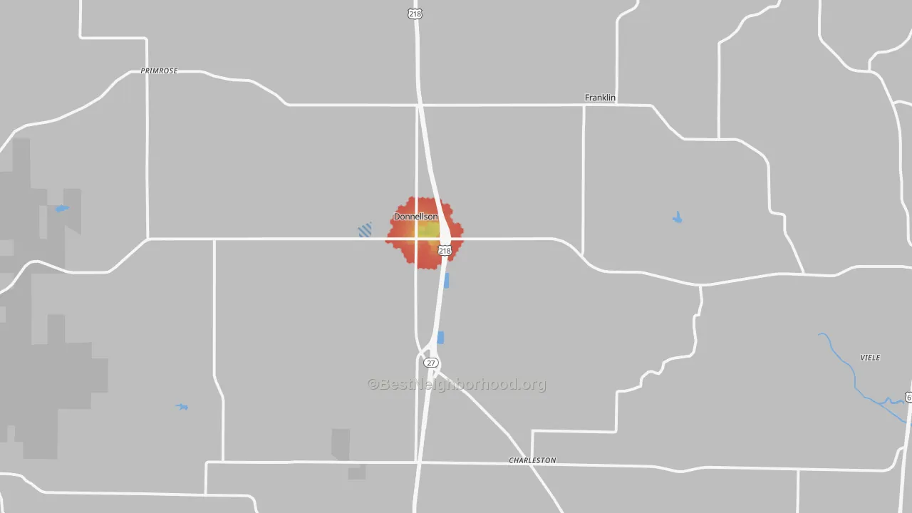 Walk Grade map of Donnellson, IA, walkable areas in green and car-dependent areas in red