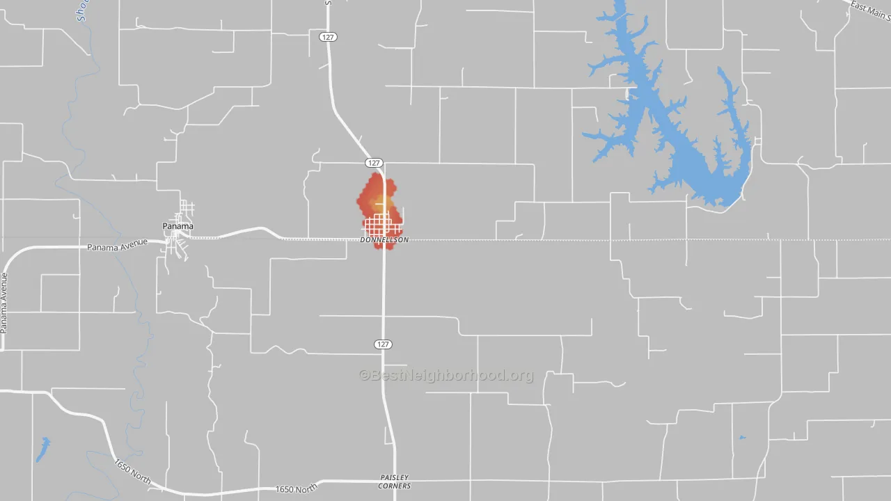 Walk Grade map of Donnellson, IL, walkable areas in green and car-dependent areas in red