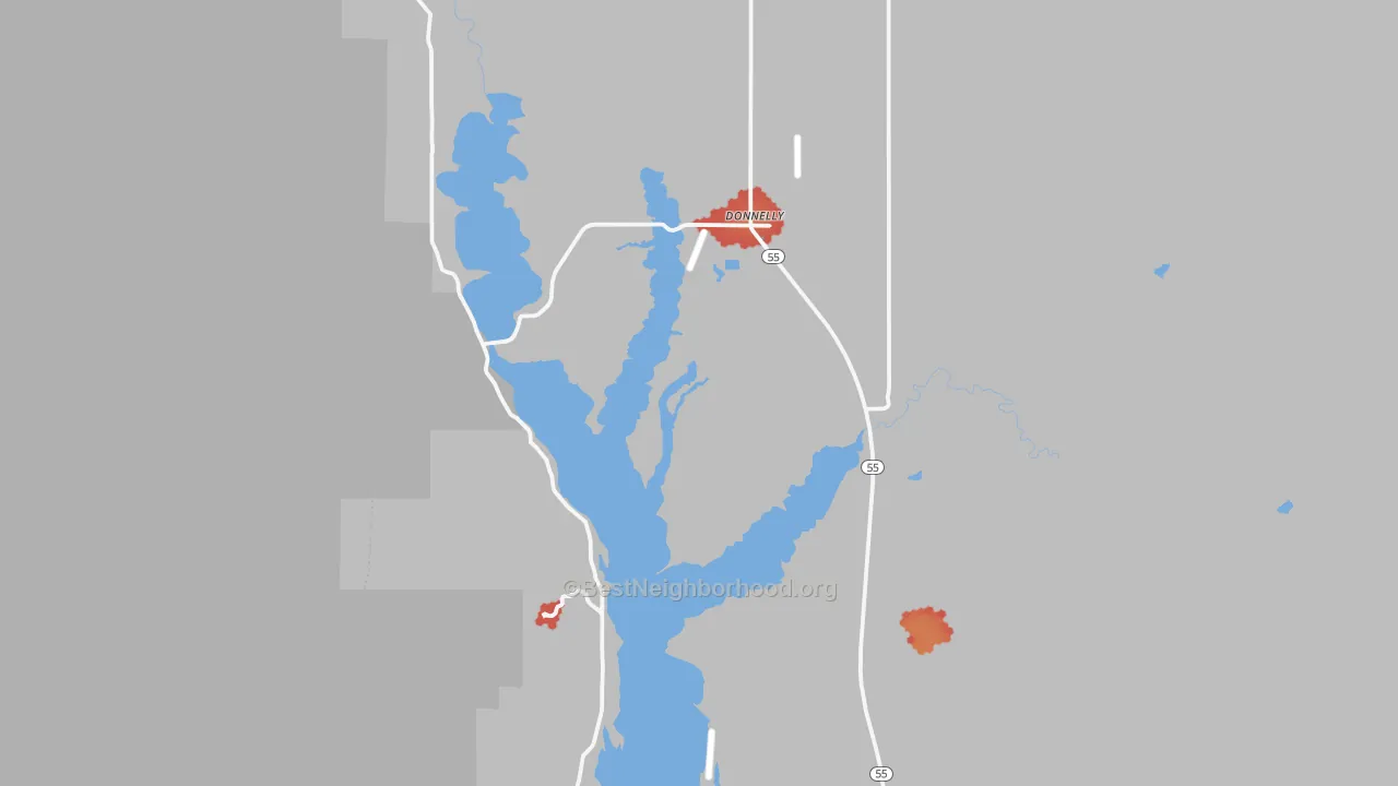 Walk Grade map of Donnelly, ID, walkable areas in green and car-dependent areas in red
