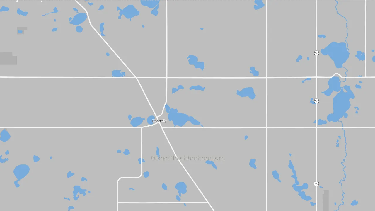 Walk Grade map of Donnelly, MN, walkable areas in green and car-dependent areas in red