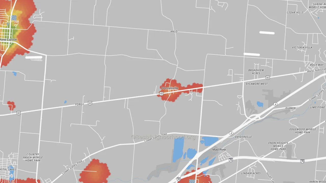 Walk Grade map of Donnelsville, OH, walkable areas in green and car-dependent areas in red
