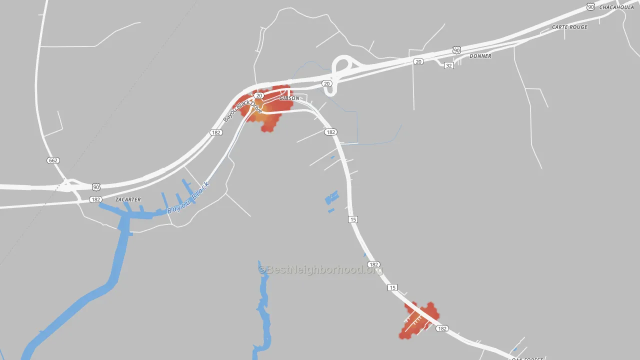 Walk Grade map of Donner, LA, walkable areas in green and car-dependent areas in red