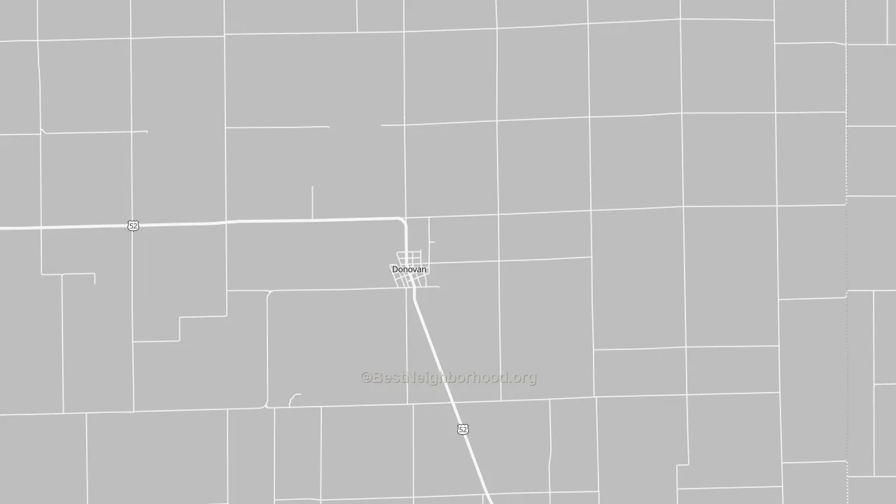 Walk Grade map of Donovan, IL, walkable areas in green and car-dependent areas in red