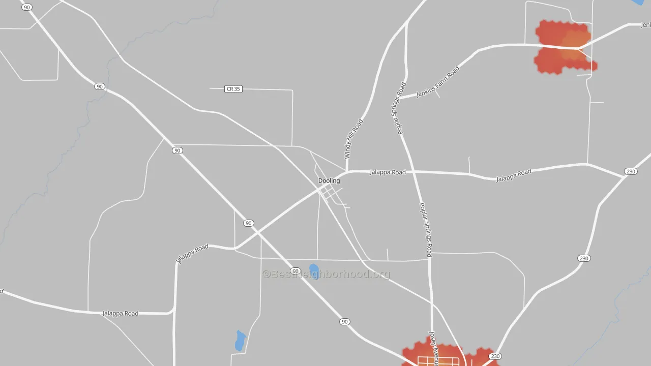 Walk Grade map of Dooling, GA, walkable areas in green and car-dependent areas in red