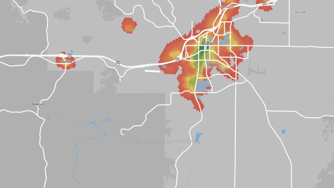 Walk Grade map of Doolittle, MO, walkable areas in green and car-dependent areas in red