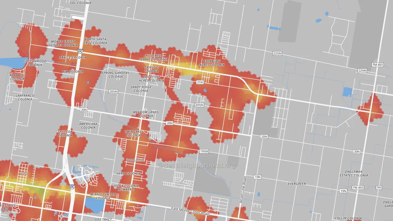 Walk Grade map of Doolittle, TX, walkable areas in green and car-dependent areas in red