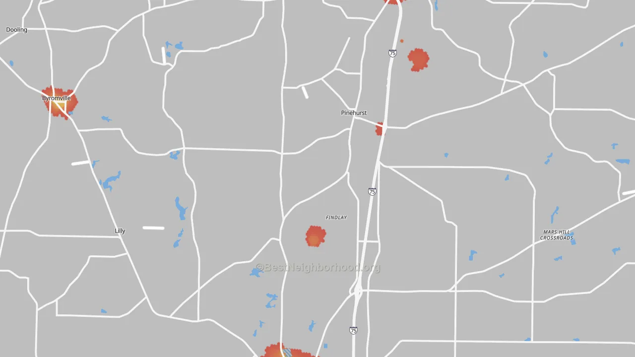 Walk Grade map of Dooly County, GA, walkable areas in green and car-dependent areas in red