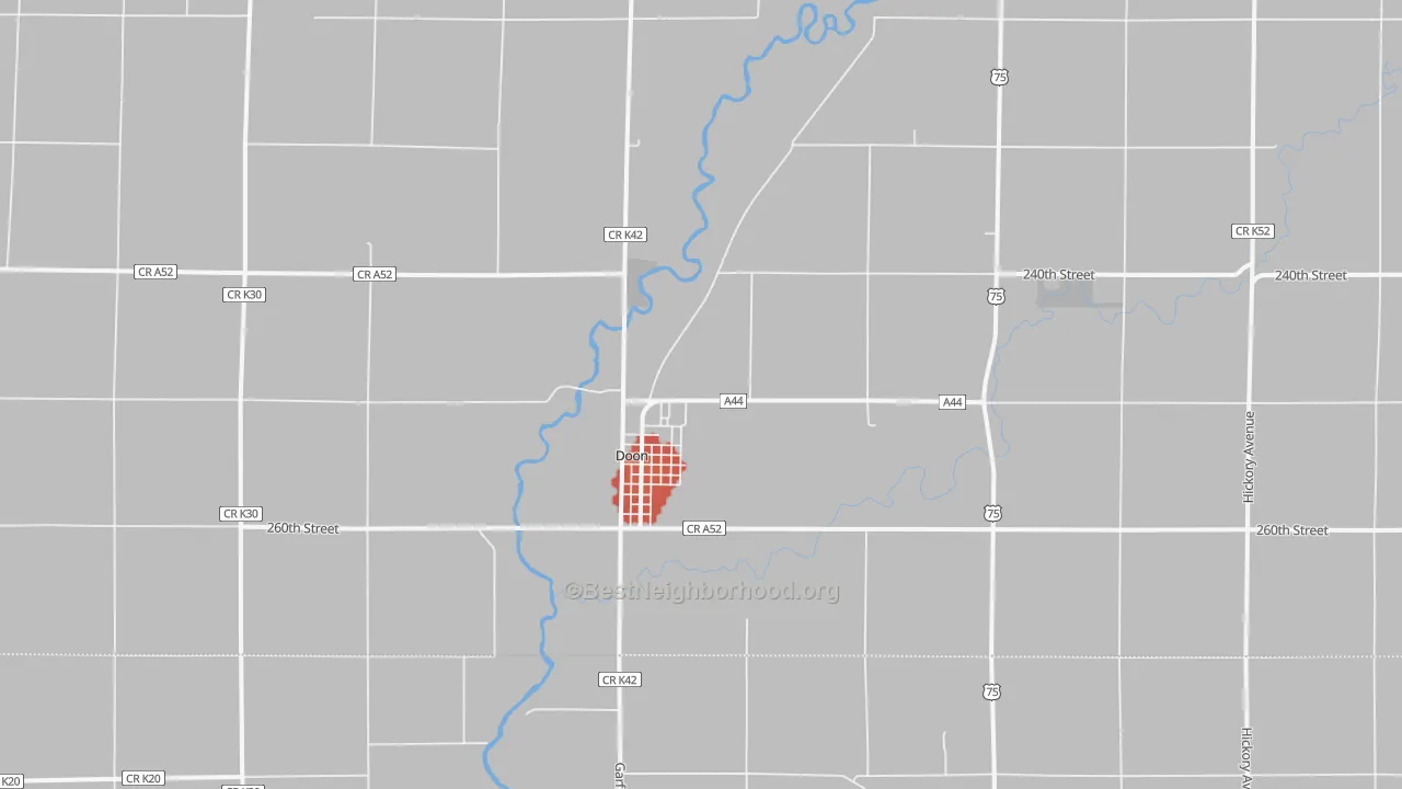 Walk Grade map of Doon, IA, walkable areas in green and car-dependent areas in red