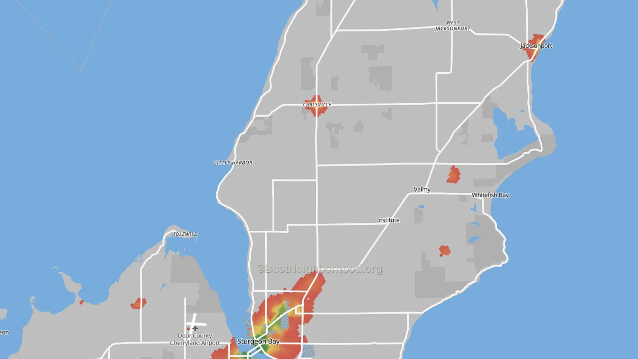 Walk Grade map of Door County, WI, walkable areas in green and car-dependent areas in red