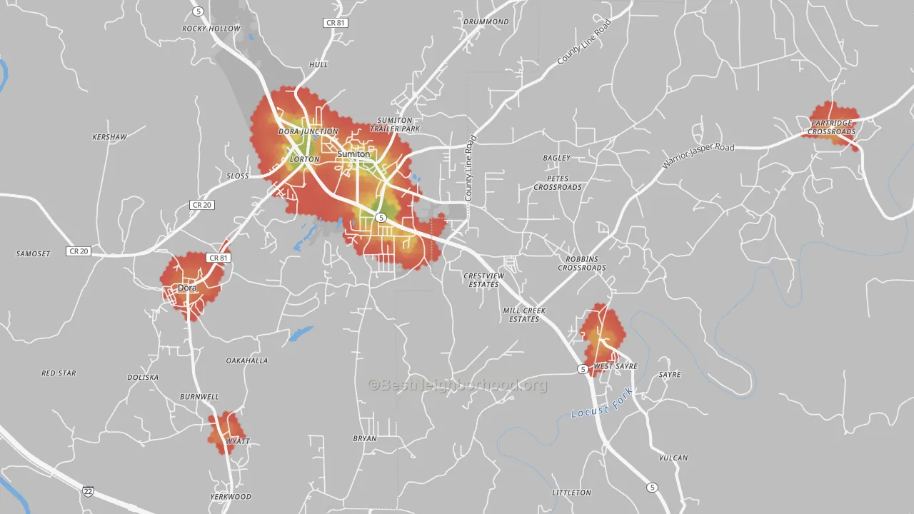 Walk Grade map of Dora, AL, walkable areas in green and car-dependent areas in red