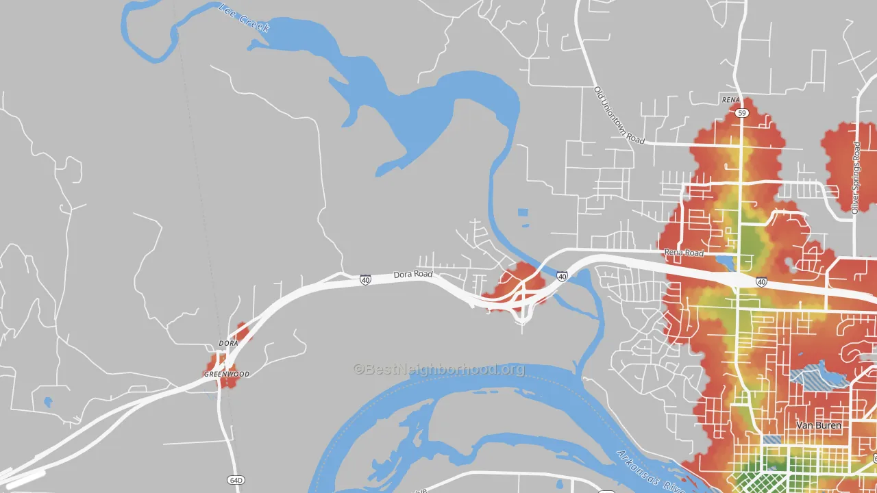 Walk Grade map of Dora, AR, walkable areas in green and car-dependent areas in red
