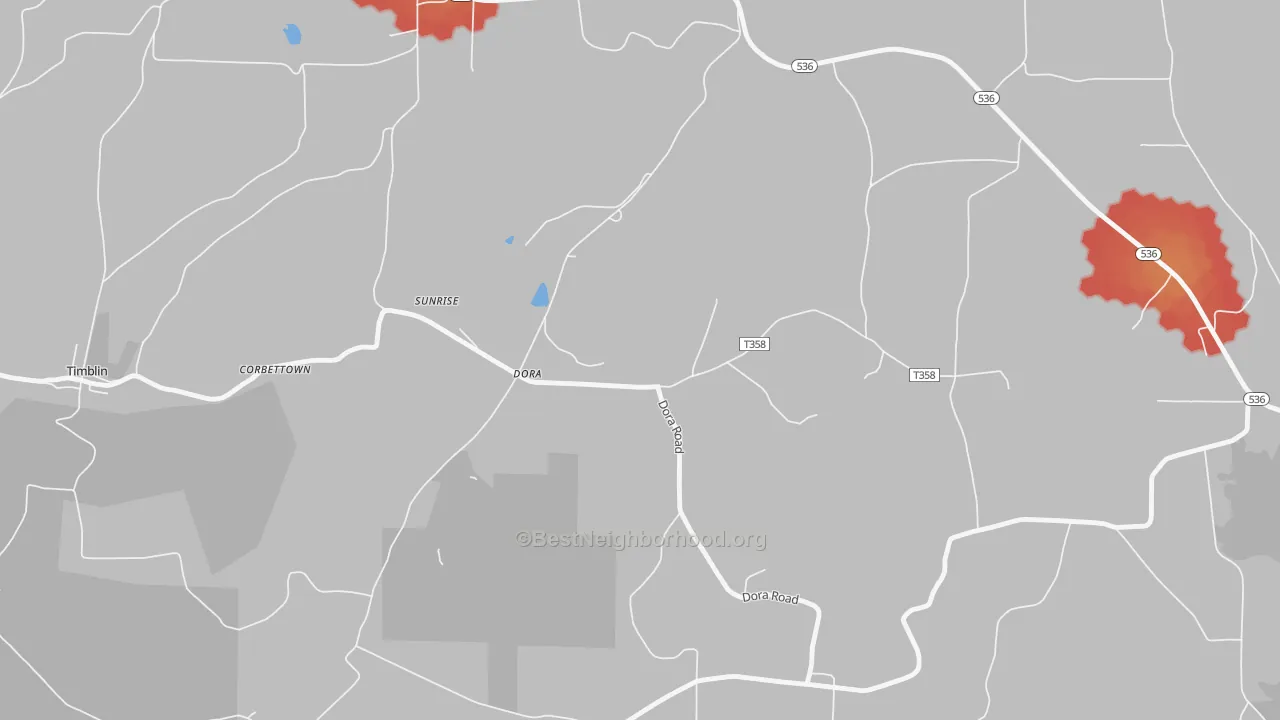 Walk Grade map of Dora, PA, walkable areas in green and car-dependent areas in red