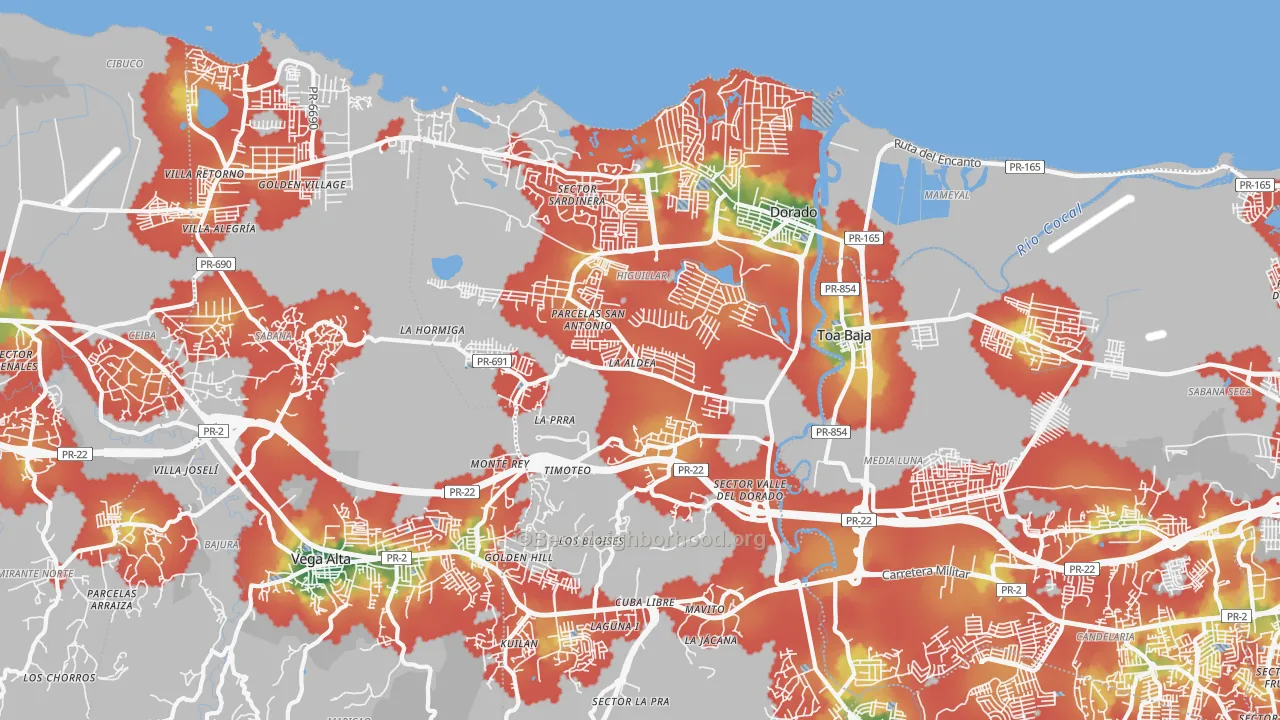 Walk Grade map of Dorado Municipio, PR, walkable areas in green and car-dependent areas in red