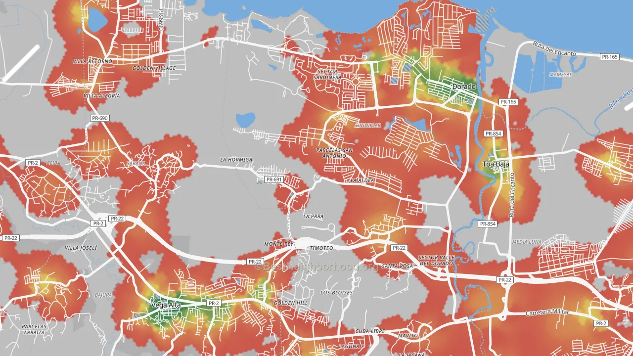 Walk Grade map of Dorado, PR, walkable areas in green and car-dependent areas in red